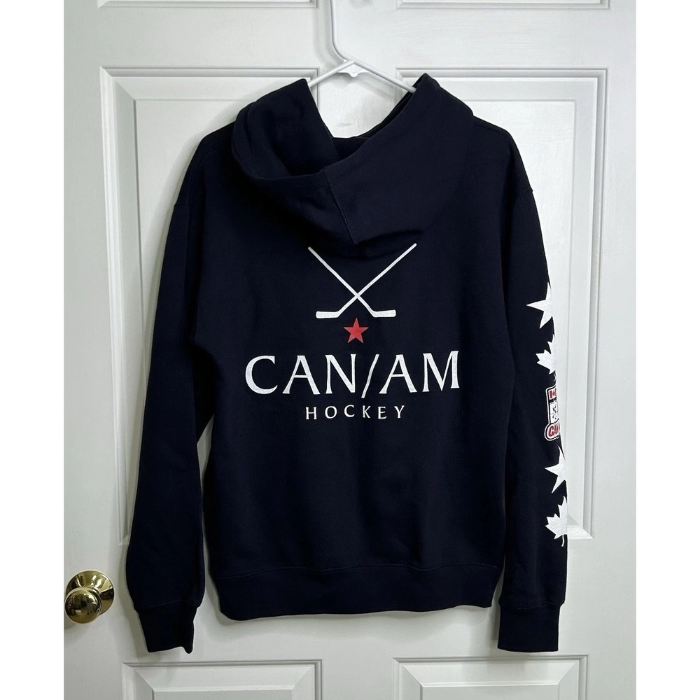 Can/Am Hockey Hoodie Sweatshirt Mens XS Dark Blue Maple Leaf Graphic Print Patch